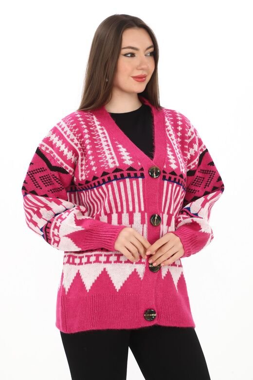 Oversize Düğmeli Örme Detaylı Triko Hırka