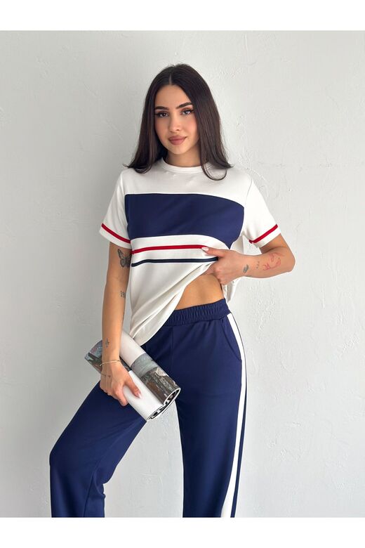 Yumuşak Doku Garnili Şerit Detaylı Geniş Paça Modal Kumaş Eşofman Takımı