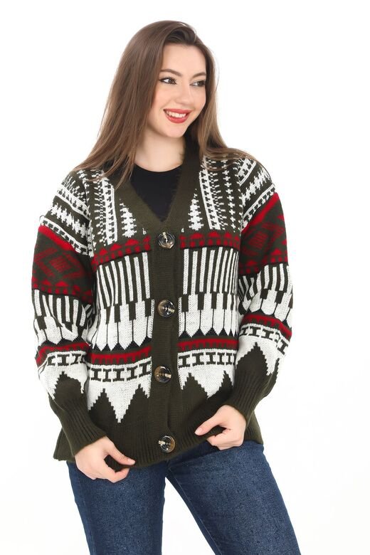 Oversize Düğmeli Örme Detaylı Triko Hırka