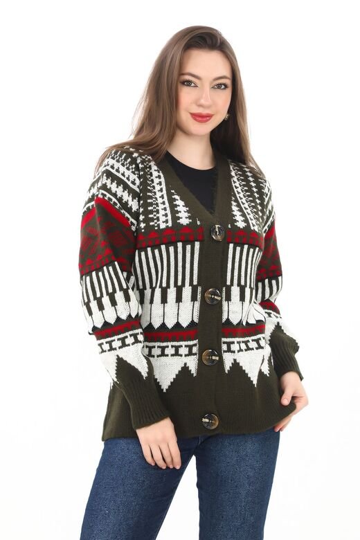 Oversize Düğmeli Örme Detaylı Triko Hırka