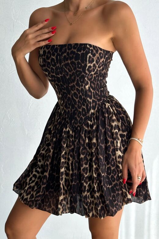 Leopar Desenli Straplez Balon Elbise
