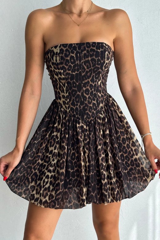 Leopar Desenli Straplez Balon Elbise