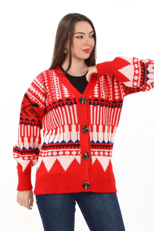 Oversize Düğmeli Örme Detaylı Triko Hırka