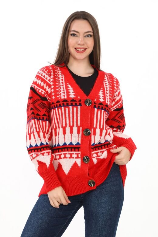 Oversize Düğmeli Örme Detaylı Triko Hırka
