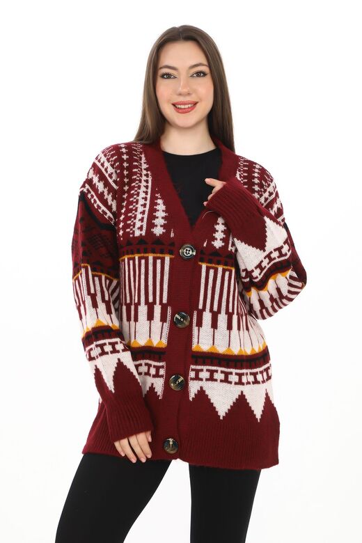 Oversize Düğmeli Örme Detaylı Triko Hırka