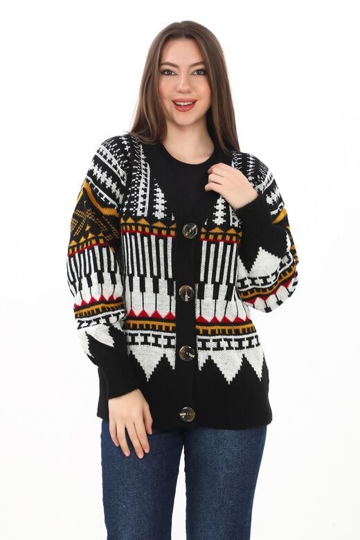Oversize Düğmeli Örme Detaylı Triko Hırka