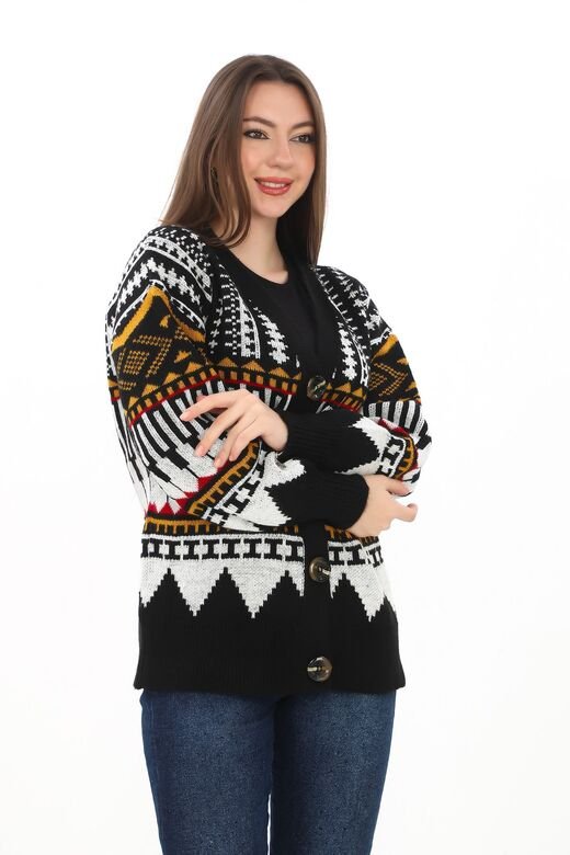 Oversize Düğmeli Örme Detaylı Triko Hırka