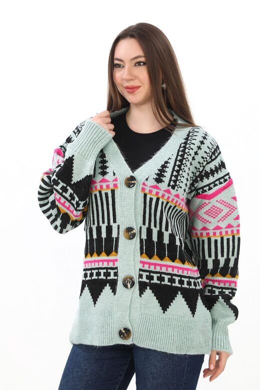 Oversize Düğmeli Örme Detaylı Triko Hırka