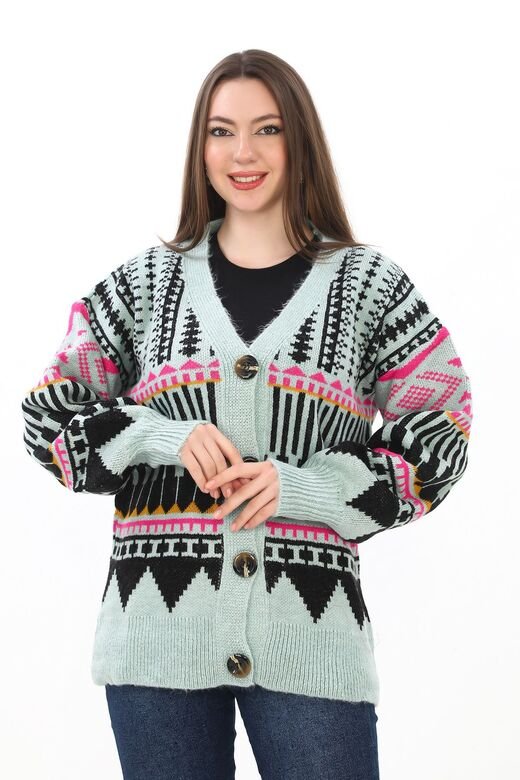 Oversize Düğmeli Örme Detaylı Triko Hırka