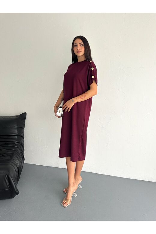 Süs Düğme Detaylı Yumuşak Doku Modal Kumaş Elbise