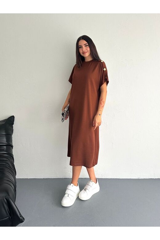 Süs Düğme Detaylı Yumuşak Doku Modal Kumaş Elbise