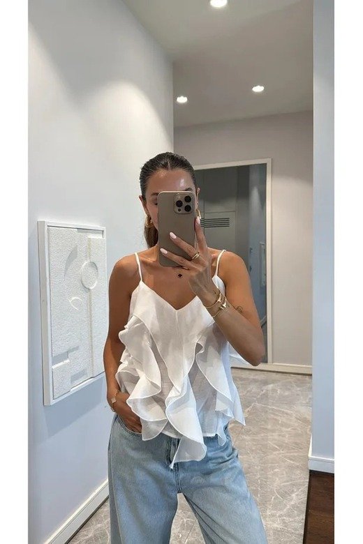 Yeni Sezon Ayarlanabilir Askılı Fırfırlı Viskon Kumaş Bluz