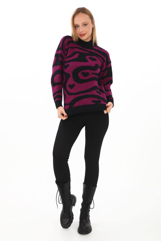 Leopar Desen Oversize Balıkçı Yaka Triko Kazak