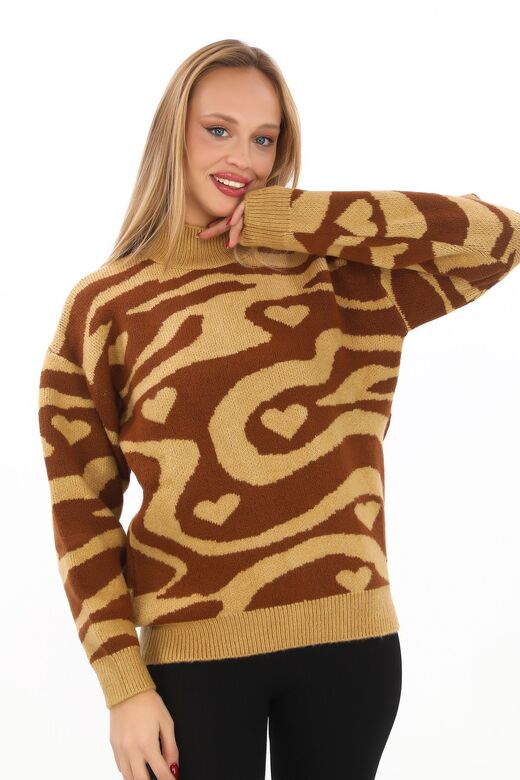 Leopar Desen Oversize Balıkçı Yaka Triko Kazak