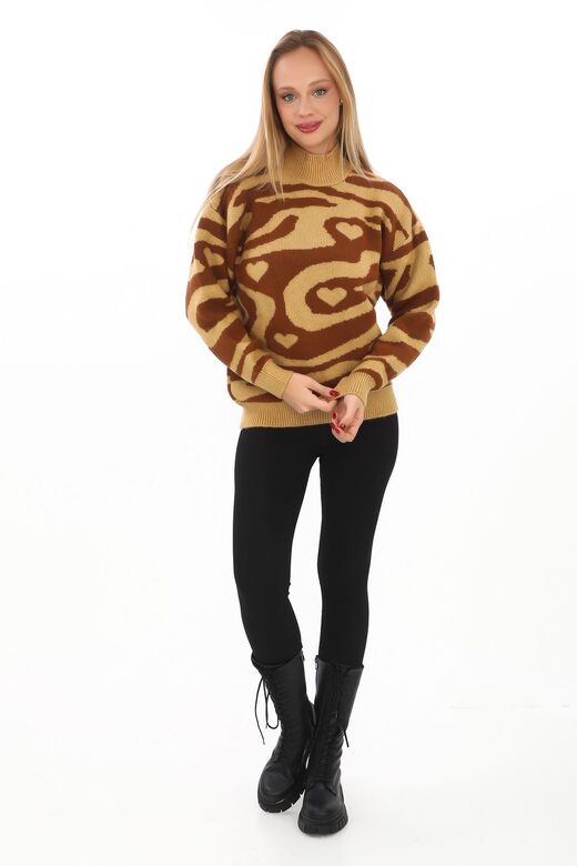 Leopar Desen Oversize Balıkçı Yaka Triko Kazak