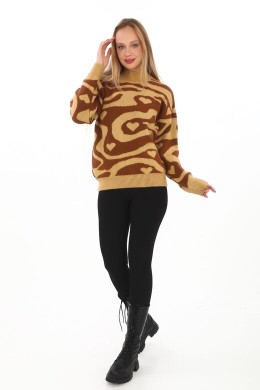 Leopar Desen Oversize Balıkçı Yaka Triko Kazak