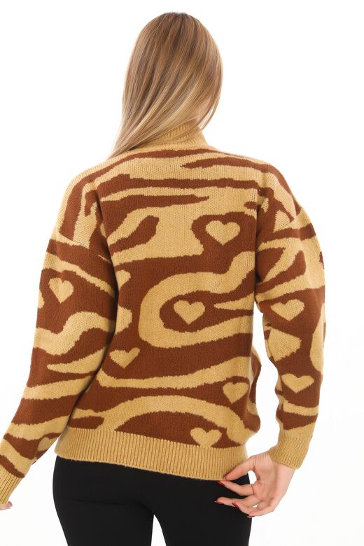 Leopar Desen Oversize Balıkçı Yaka Triko Kazak