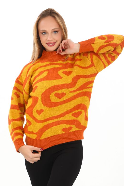 Leopar Desen Oversize Balıkçı Yaka Triko Kazak