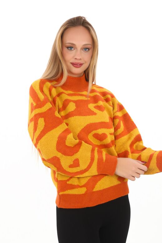 Leopar Desen Oversize Balıkçı Yaka Triko Kazak