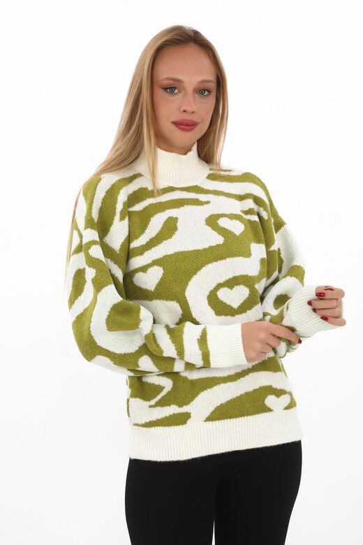 Leopar Desen Oversize Balıkçı Yaka Triko Kazak