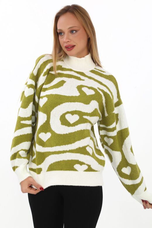 Leopar Desen Oversize Balıkçı Yaka Triko Kazak
