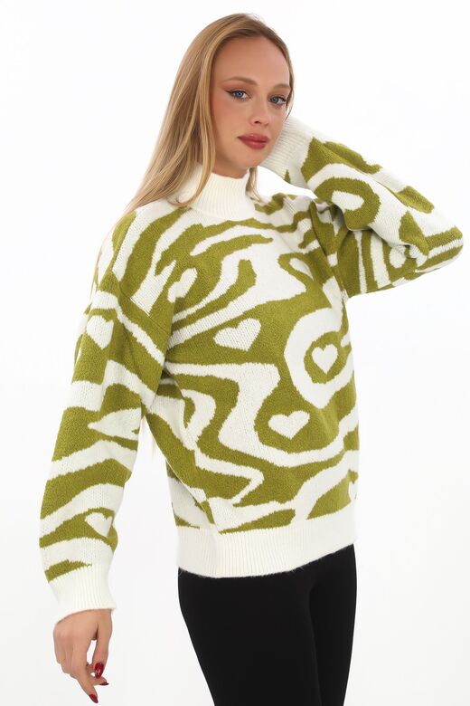 Leopar Desen Oversize Balıkçı Yaka Triko Kazak