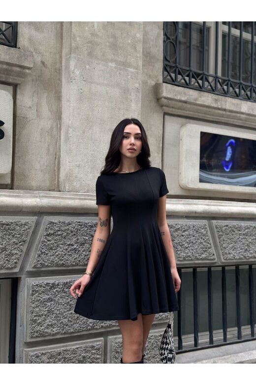 Modal Kumaş Volanlı Siyah Elbise