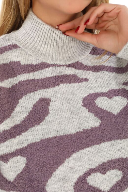 Leopar Desen Oversize Balıkçı Yaka Triko Kazak