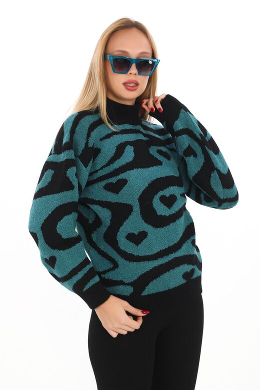 Leopar Desen Oversize Balıkçı Yaka Triko Kazak