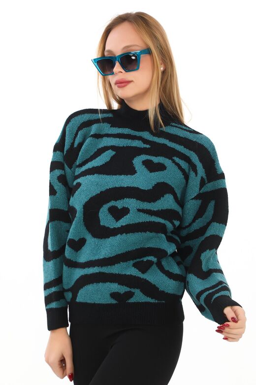 Leopar Desen Oversize Balıkçı Yaka Triko Kazak