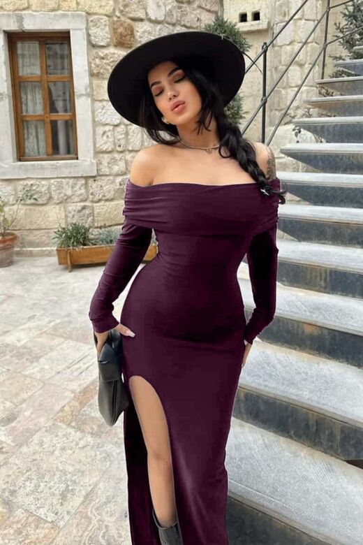 Madonna Yaka Yırtmaçlı Uzun Elbise Parti Elbisesi Gece Elbisesi Mezuniyet Elbisesi Maxi Elbise