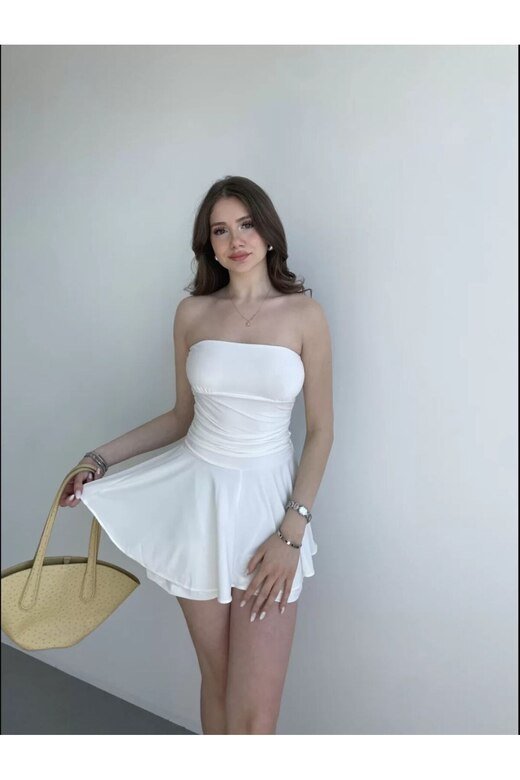 STRAPLEZ ŞORTLU ELBİSE LİKRALI SANDY KUMAŞ ELBİSE