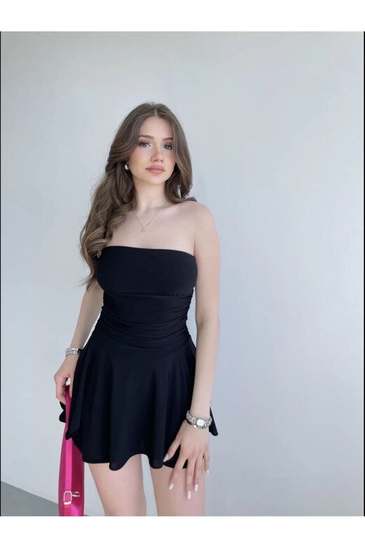 STRAPLEZ ŞORTLU ELBİSE LİKRALI SANDY KUMAŞ ELBİSE