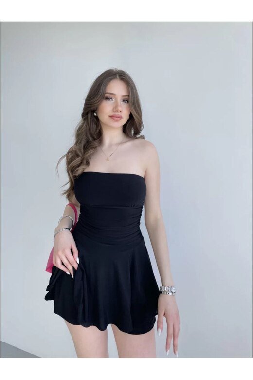 STRAPLEZ ŞORTLU ELBİSE LİKRALI SANDY KUMAŞ ELBİSE