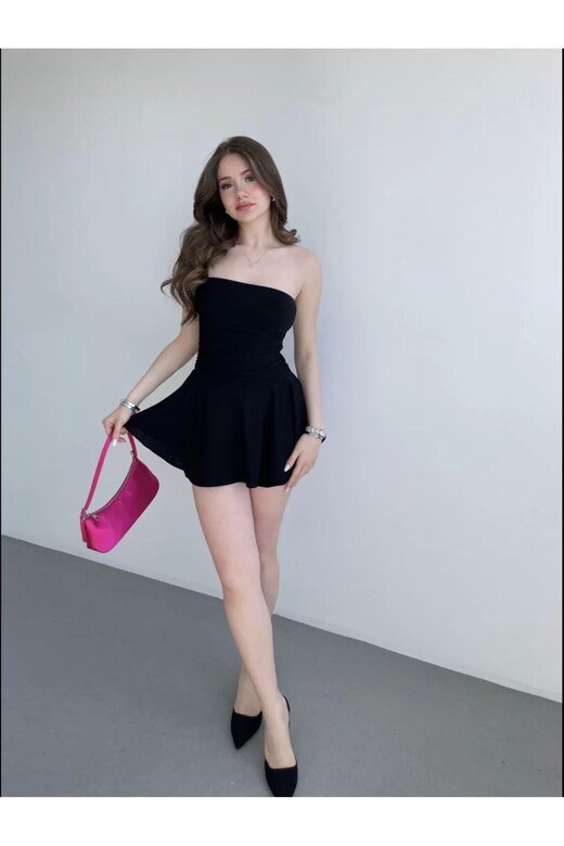 STRAPLEZ ŞORTLU ELBİSE LİKRALI SANDY KUMAŞ ELBİSE