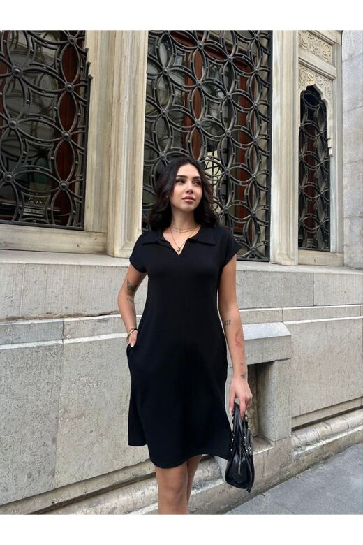 Polo Yaka Cepli Önü Çımalı Siyah Elbise
