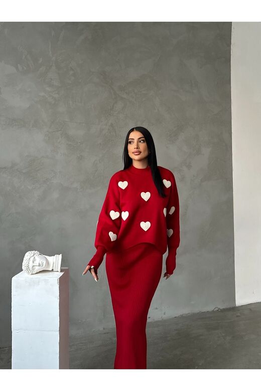 Kalp Detaylı  Kazak Elbise Takım
