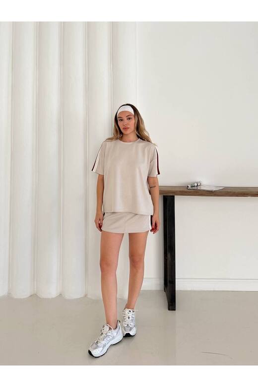 ŞERİT DETAYLI MODAL KUMAŞ ŞORT ETEKLİ TAKIM
