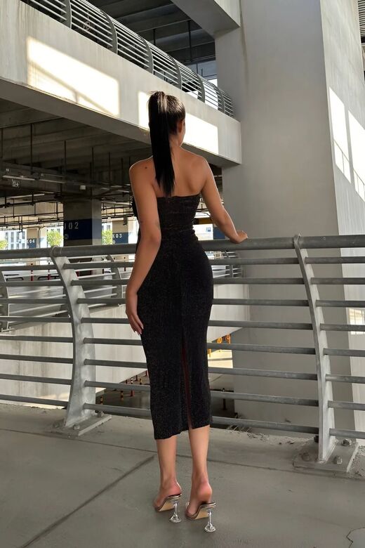 Kadın Simli Straplez Midi Elbise
