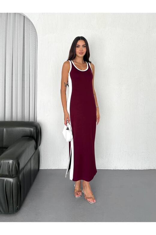 Garnili Kolsuz Askılı yırtmaçlı spor günlük modal kumaş elbise