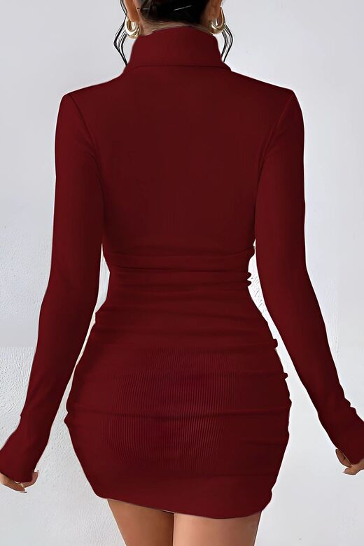 Bordo Balıkçı Yaka Drapeli Likralı Kaşkorse Mini Elbise