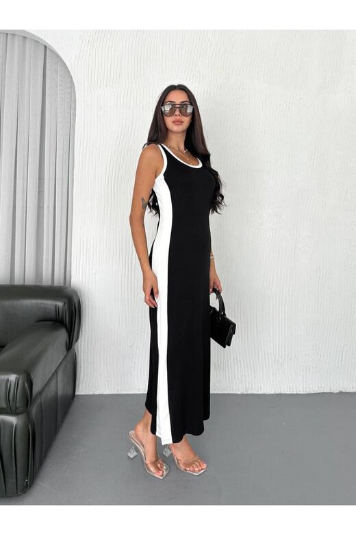 Garnili Kolsuz Askılı yırtmaçlı spor günlük modal kumaş elbise