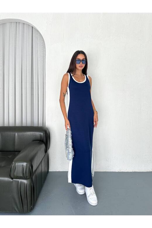 Garnili Kolsuz Askılı yırtmaçlı spor günlük modal kumaş elbise