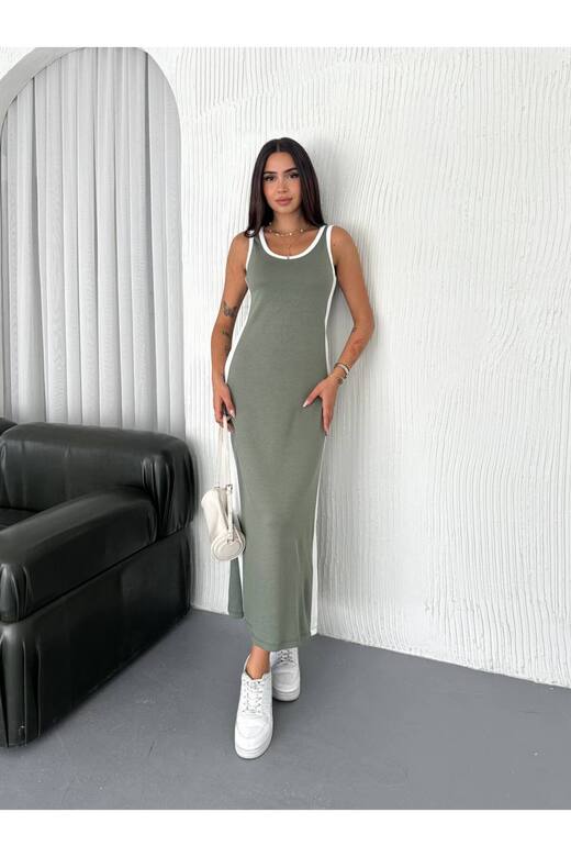 Garnili Kolsuz Askılı yırtmaçlı spor günlük modal kumaş elbise