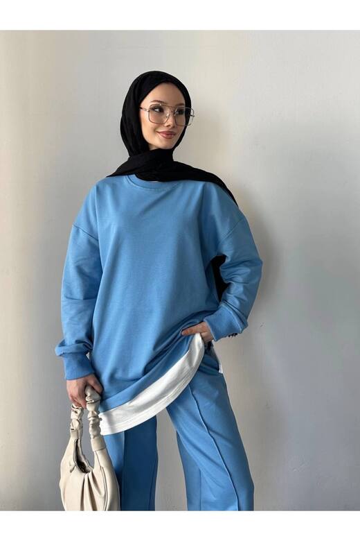 Garnili Çımalı Yırtmaç Detaylı İki İplik Kumaş Oversize Eşofman Takım