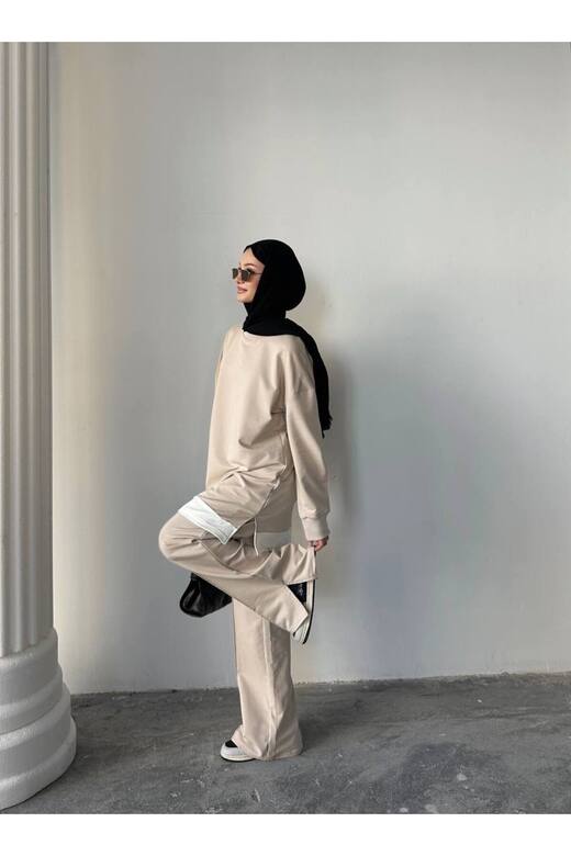 Garnili Çımalı Yırtmaç Detaylı İki İplik Kumaş Oversize Eşofman Takım