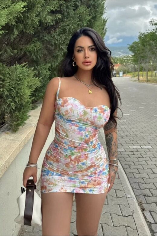 Askılı Destekli Desenli Mini Elbise