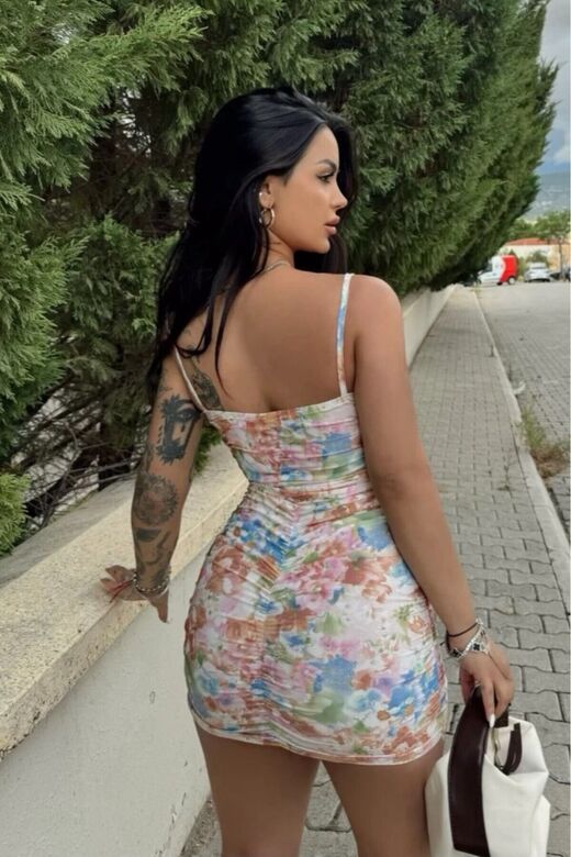 Askılı Destekli Desenli Mini Elbise