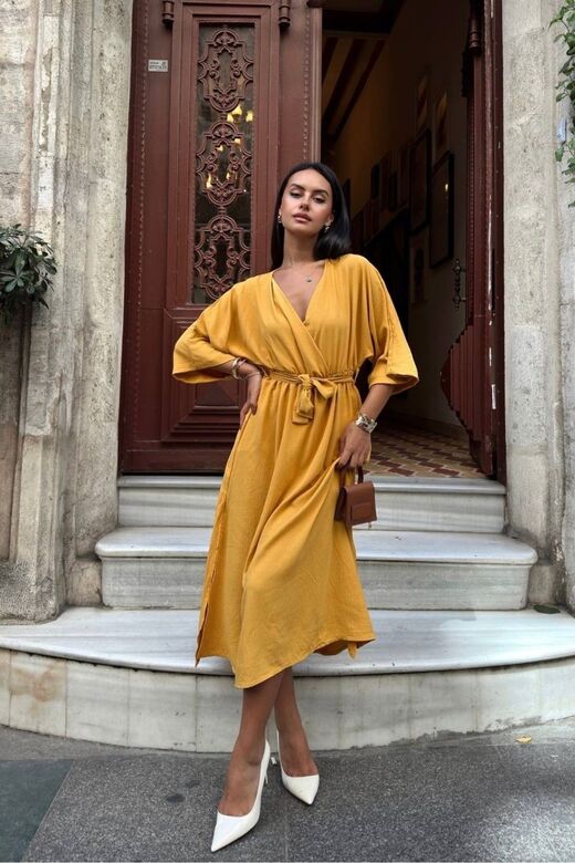 Kadın Kemerli Yarasa Kol Ayrobin Elbise