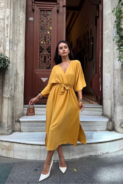 Kadın Kemerli Yarasa Kol Ayrobin Elbise
